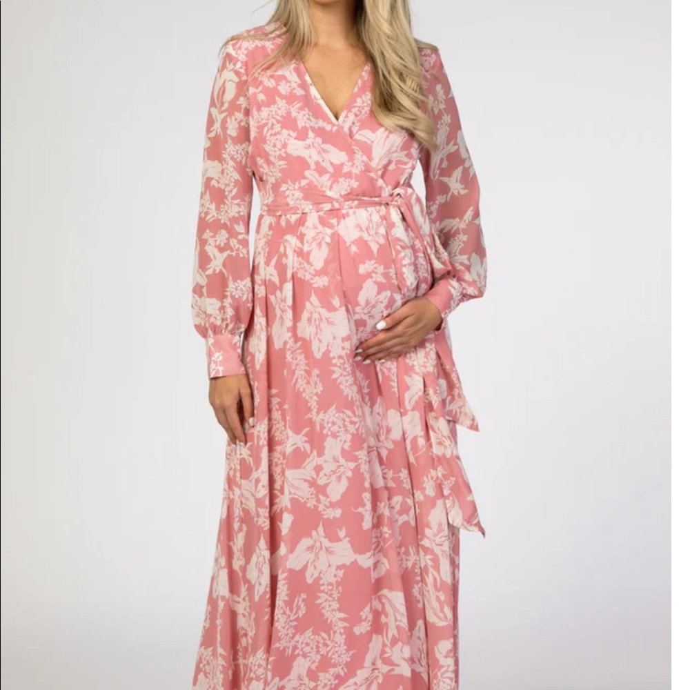 PinkBlush Ricazica Floral Pink Chiffon Maternity Maxi Dress, Size M